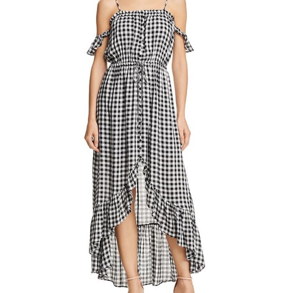 Lost + Wander High Low Maxi Dress Ruffle Hem Gingham Print Button Front Size S